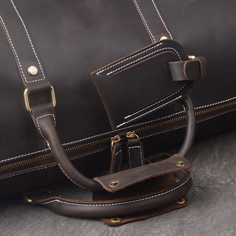 Vintage Full Grain Leather Travel Bag with Shoes Compartment, Large Overnight Travel Duffel for Men