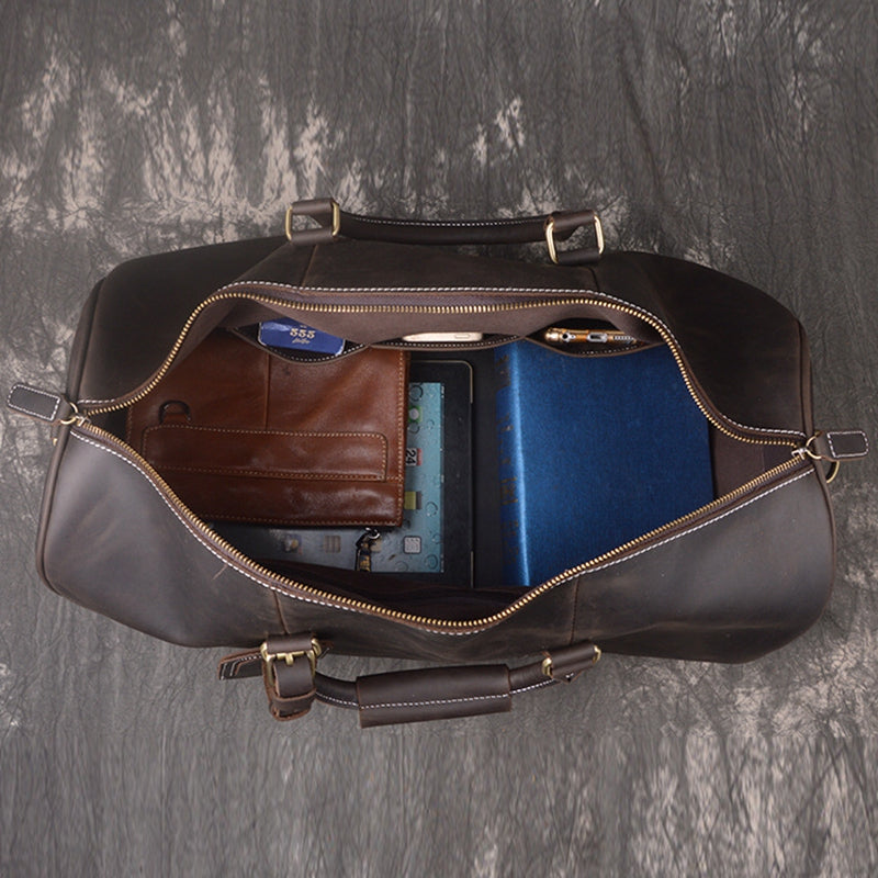 Vintage Full Grain Leather Travel Bag with Shoes Compartment, Large Overnight Travel Duffel for Men