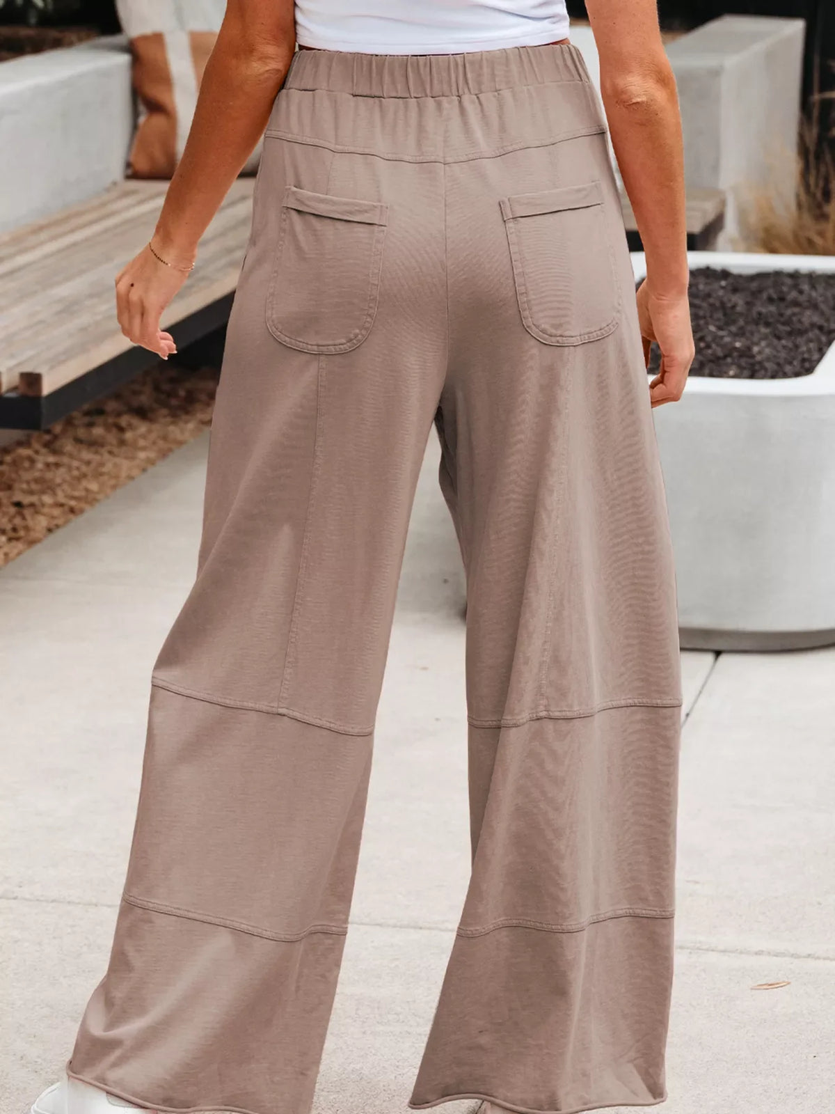 Mineral Wash Exposed Seam Drawstring Elastic Waistband Wide Leg Cargo Pants
