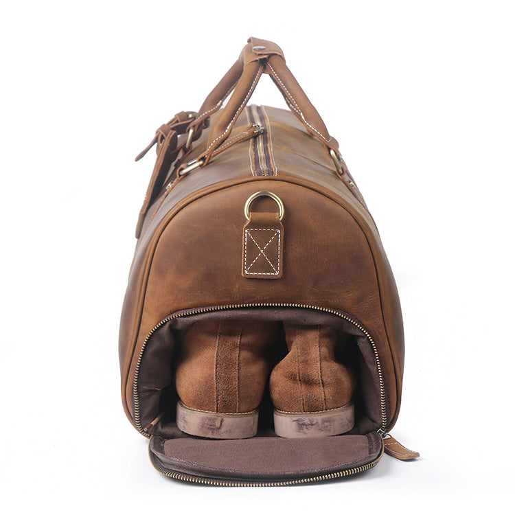 Vintage Full Grain Leather Travel Bag with Shoes Compartment, Large Overnight Travel Duffel for Men