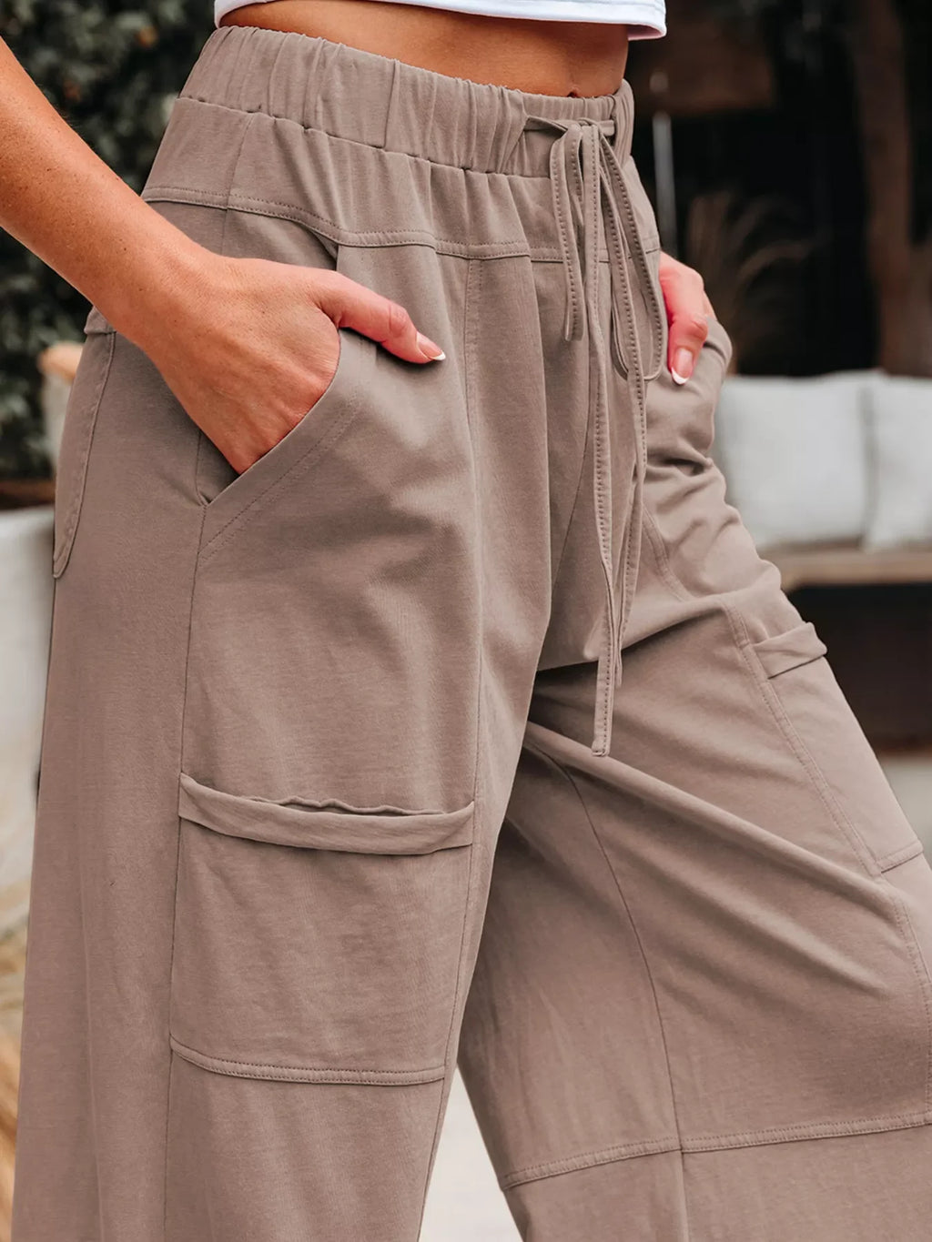 Mineral Wash Exposed Seam Drawstring Elastic Waistband Wide Leg Cargo Pants