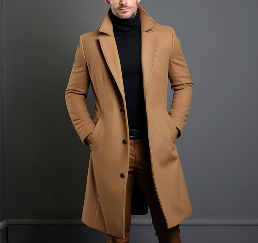 Men's Mid-length Trench Coat Fall Winter Slim Pockets Single-breasted Collar Jacket  Casual Business Comfortable Overcoat Clothing