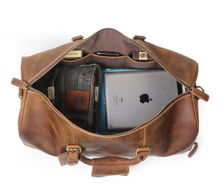 Vintage Full Grain Leather Travel Bag with Shoes Compartment, Large Overnight Travel Duffel for Men