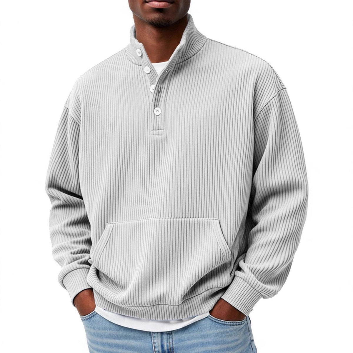 Mens Solid-Color Turtleneck Casual Long-Sleeve Polo Sweatshirt With Pockets For Men Spring Autumn Clothing Loose Button Polo Collar Tees Tops Man Outwear