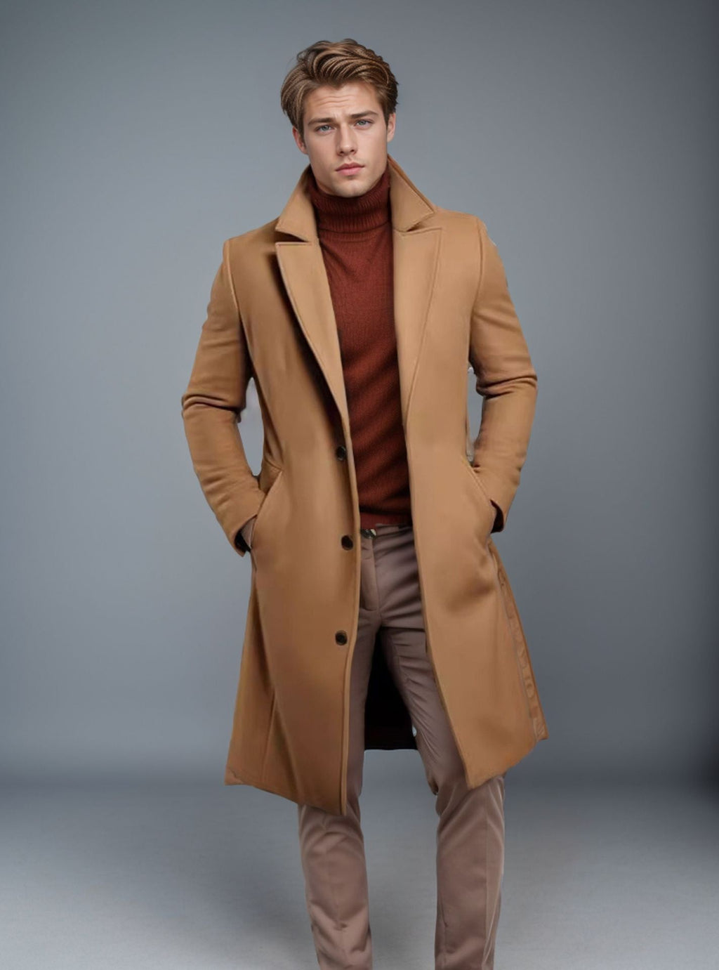 Men's Mid-length Trench Coat Fall Winter Slim Pockets Single-breasted Collar Jacket  Casual Business Comfortable Overcoat Clothing