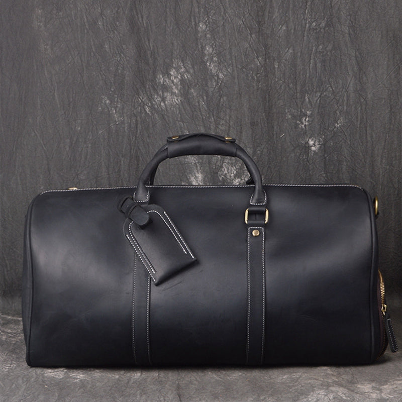 Vintage Full Grain Leather Travel Bag with Shoes Compartment, Large Overnight Travel Duffel for Men