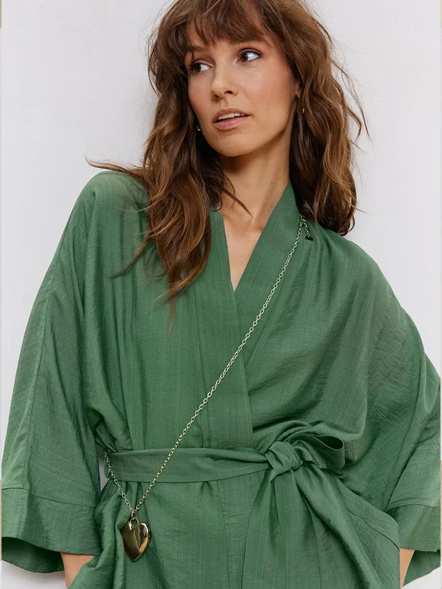 Mozuleva Women's Long Sleeved Pajama Set New Autumn Green Lace Up Pajamas Loose Pants Leisure Home Clothing 2-piece Set