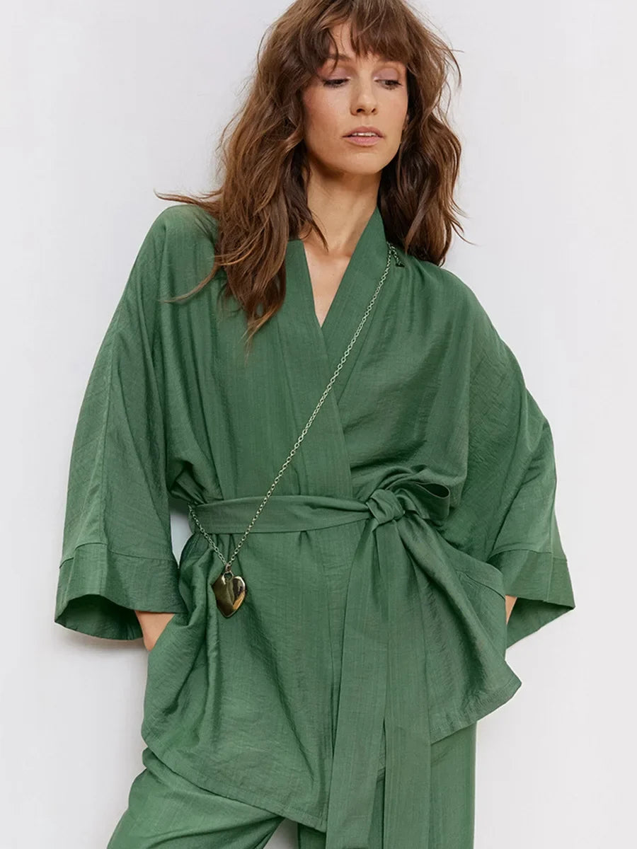 Mozuleva Women's Long Sleeved Pajama Set New Autumn Green Lace Up Pajamas Loose Pants Leisure Home Clothing 2-piece Set