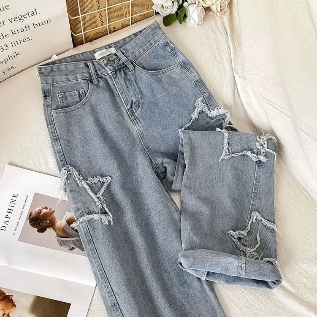 Star Patch Ripped High Waist Straight Leg Jeans – Women's Loose Fit Denim